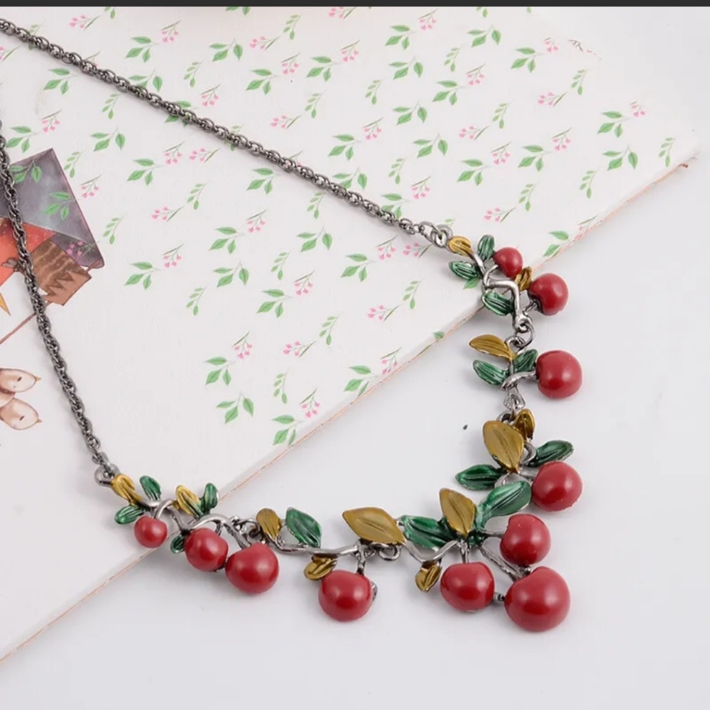 Cherry pendant bib necklace